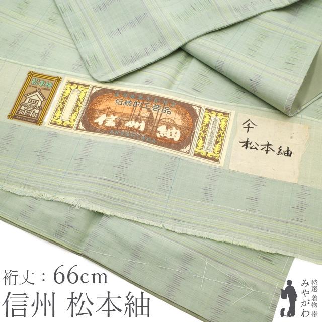 紬 着物 袷 未使用 信州 松本紬 正絹 真綿紬 手織り 草木染 薄緑地 段