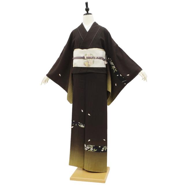 訪問着 着物 正絹 袷 こげ茶 切りばめ 桜 花 カジュアル 新古品 仕立て