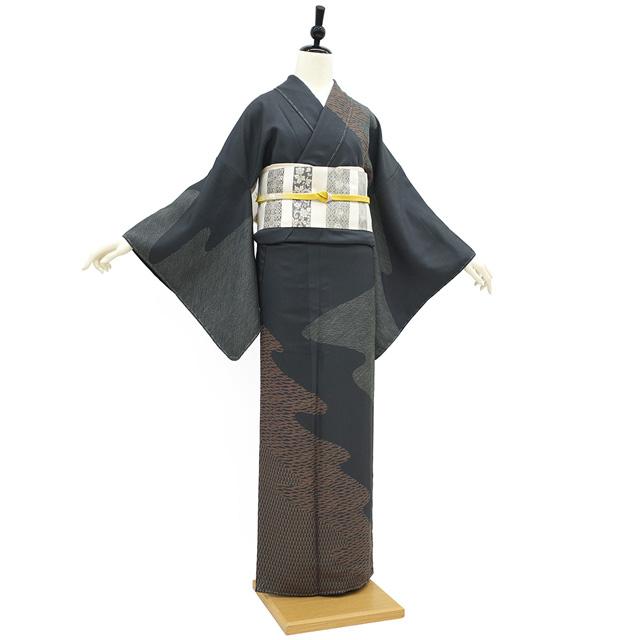 訪問着 着物 未使用 正絹 袷 浅井青仁 作家物 手染め 濃グレー 流水 波 