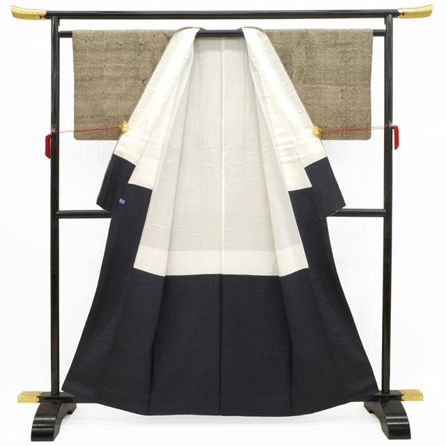 【美品】紬の更紗の訪問着(袷) 紬 訪問着 袷 正絹 薄茶地 川端美朝 古代印度木版更紗 木版摺り 花更紗