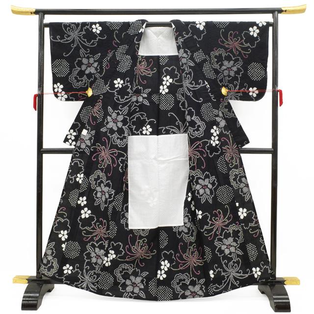 夏物 本場有松鳴海絞り 浴衣 有松 絞り 木綿 黒地 桜 糸菊 花 丸文 