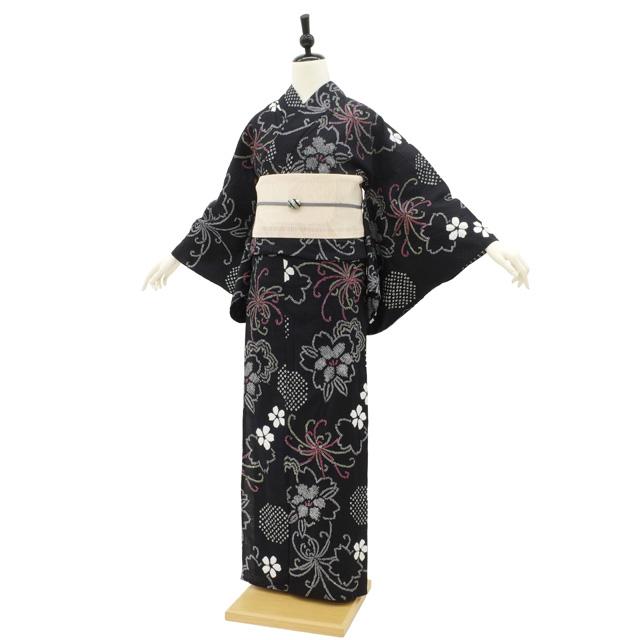 夏物 本場有松鳴海絞り 浴衣 有松 絞り 木綿 黒地 桜 糸菊 花 丸文 