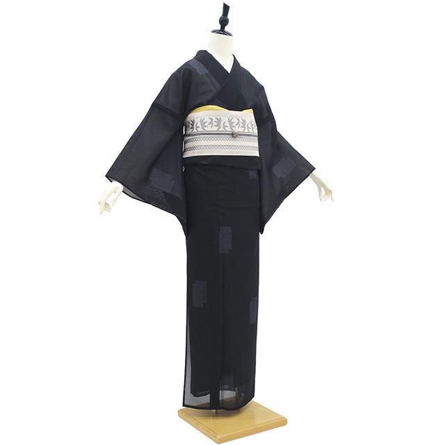 未使用級 美品 単衣　紗紬風　小紋 夏　フルセット 高級化繊 夏物 夏大島 着物 未使用 正絹 越後 単衣 紗紬 黒 色紙重ね文