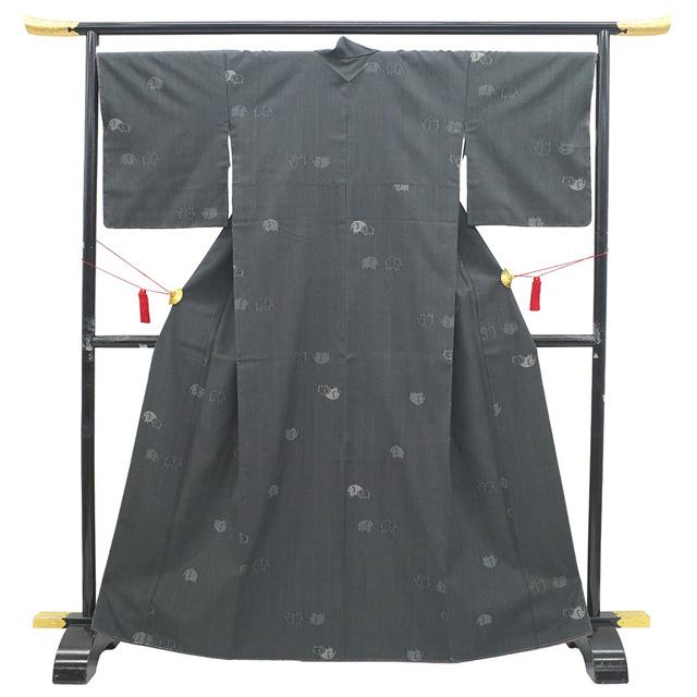 紬 着物 未使用 正絹 袷 ダークグレー 濃グレー 象 ゾウ おしゃれ 美品 