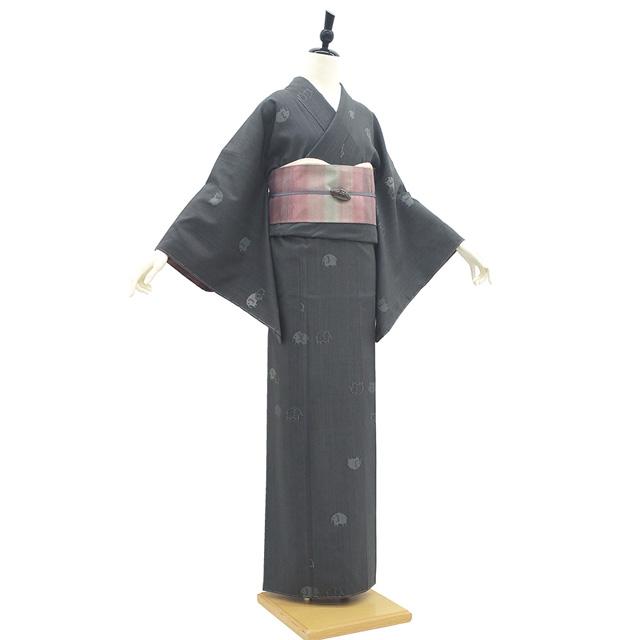 紬 着物 未使用 正絹 袷 ダークグレー 濃グレー 象 ゾウ おしゃれ 美品 