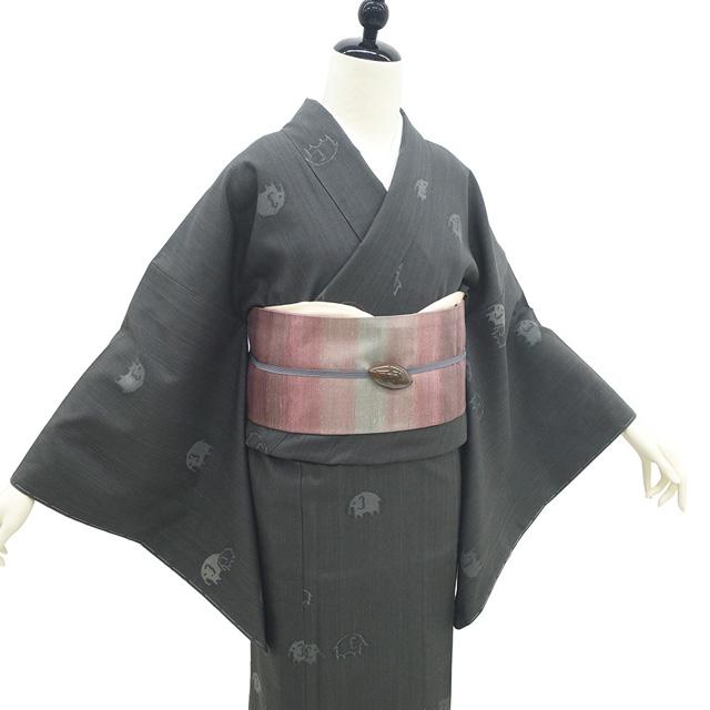紬 着物 未使用 正絹 袷 ダークグレー 濃グレー 象 ゾウ おしゃれ 美品 