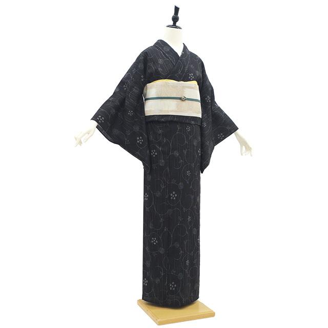 すごい値！夏物 小紋 着物 単衣 絽 正絹 濃グレー 桜の花びら 笹 萩 撫子 新古品 仕立て上がり 夏 身丈162 裄67 Ｍ みやがわ nek00567 夏物 小千谷紬 単衣 着物 未使用 正絹 手織り 黒 笹蔓 カジュアル 新古