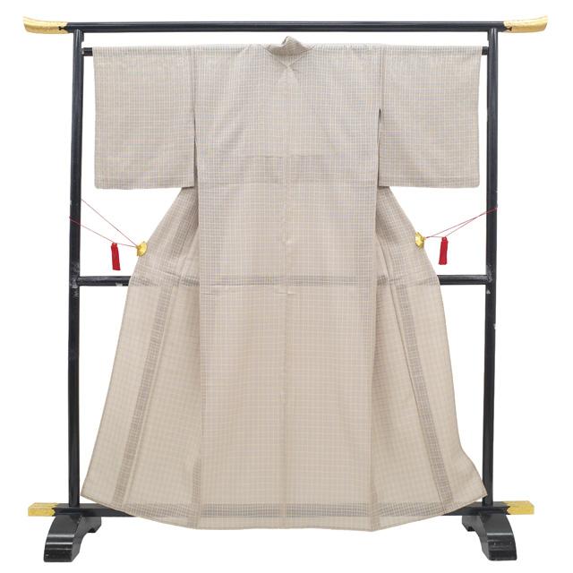 単衣　お召　裄65 未使用品　風景　花　樹林　白鼠色　正絹　美品　ひとえ【Ｈ２ 夏物 御召 着物 リサイクル 正絹 単衣 紋紗 くすみカラー 吉野間道