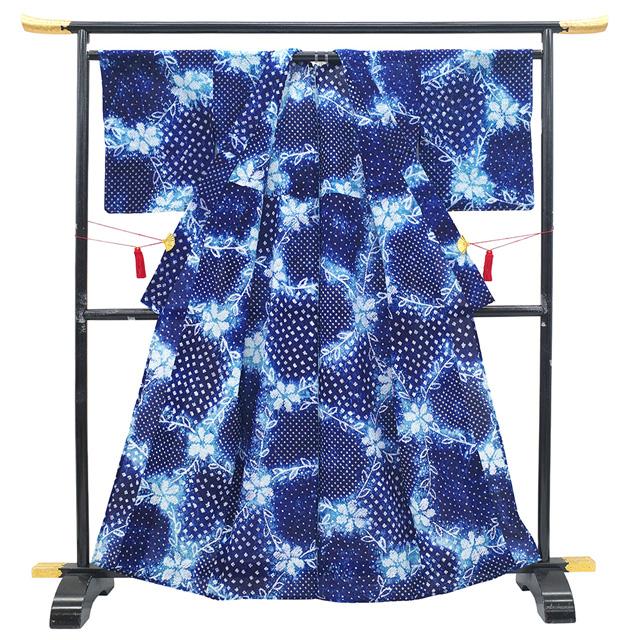 夏物 本場有松鳴海絞り 浴衣 未使用 藤娘きぬたや ゆかた 絞り 木綿 綿 紺 新品 仕立て上がり 身丈164 裄丈68.5 Ｌサイズ みやがわ sb17225の画像