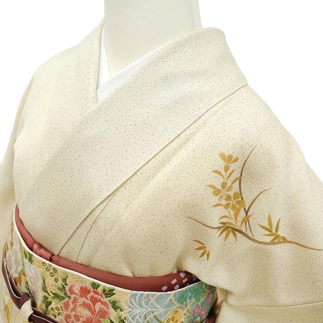 訪問着 着物 正絹 袷 金銀彩加工 黄ベージュ ボルドー ぼかし 草花模様 