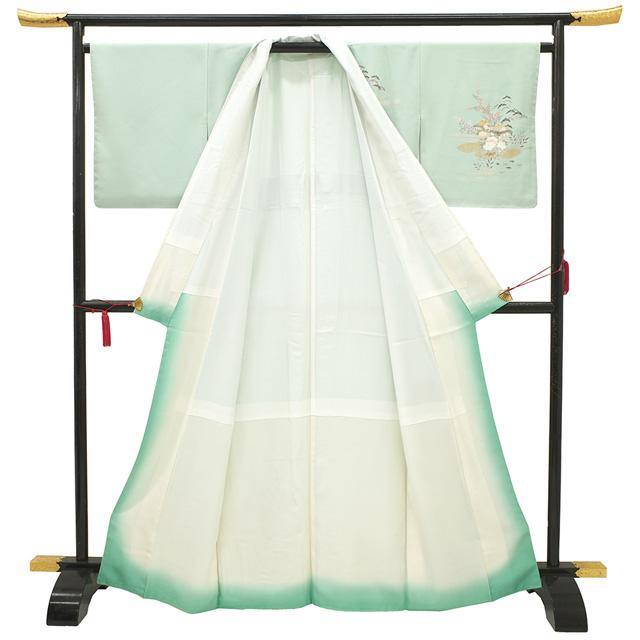 訪問着 着物 未使用 フォーマル 正絹 袷 薄緑 ミントグリーン 花 新古