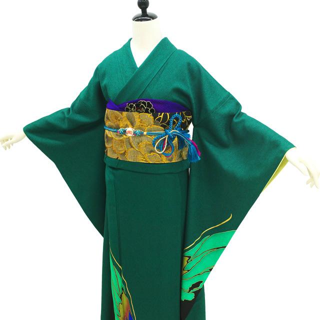 振袖 着物 リサイクル 正絹 成人式 フォーマル 金彩加工 グリーン 