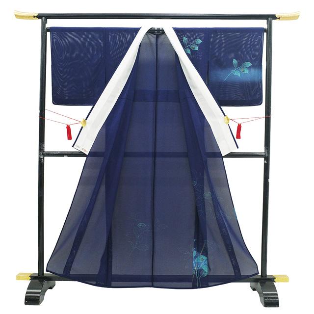 夏物 訪問着 単衣 着物 未使用 絽 正絹 ネイビー  濃紺 紫陽花 水滴 新古品 仕立て上がり 身丈161 裄丈66.5 Ｍ〜Ｌサイズ みやがわ sb17334の画像