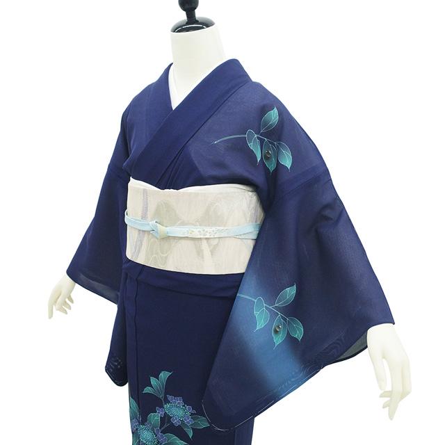 夏物 訪問着 単衣 着物 未使用 絽 正絹 ネイビー  濃紺 紫陽花 水滴 新古品 仕立て上がり 身丈161 裄丈66.5 Ｍ〜Ｌサイズ みやがわ sb17334の画像