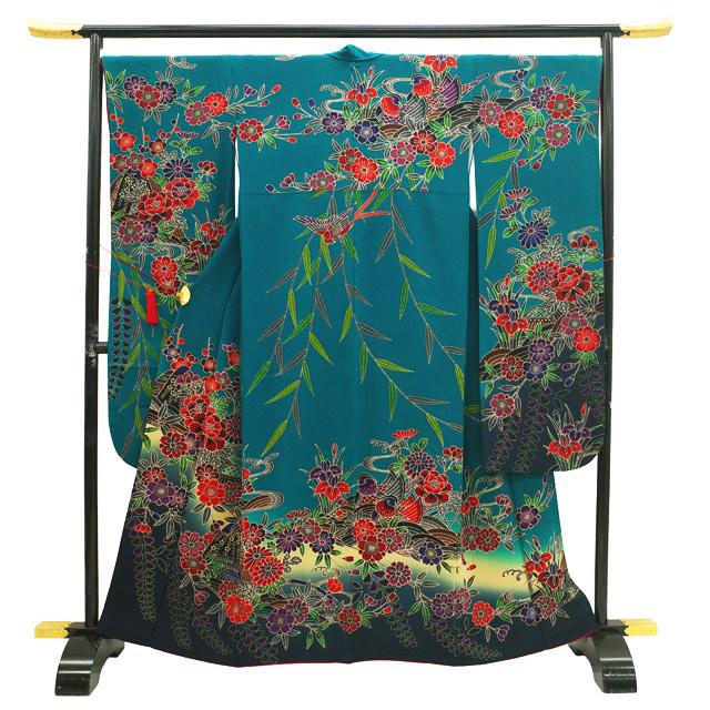 振袖 京紅型 着物 リサイクル 正絹 成人式 フォーマル テールグリーン