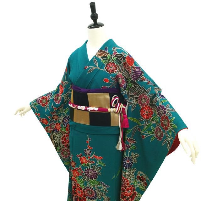 振袖 京紅型 着物 リサイクル 正絹 成人式 フォーマル テールグリーン
