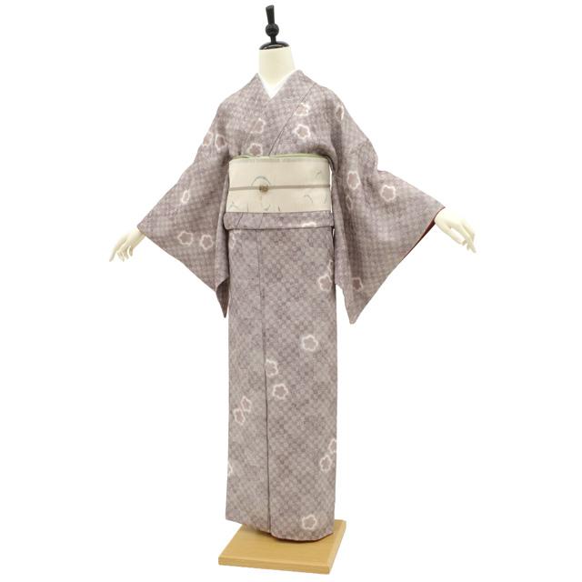 小紋 着物 未使用 正絹 染め柄 濃色地 桜 花 市松 江戸小紋 カジュアル 