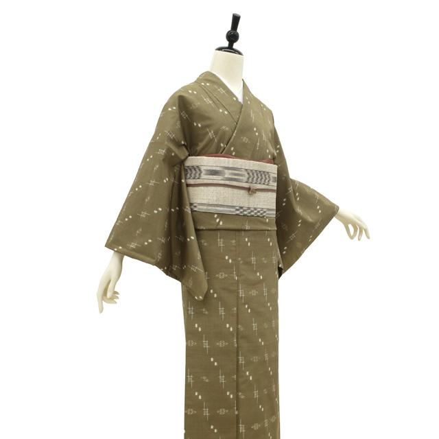 本場琉球かすり 紬 着物 正絹 沖縄県 琉球絣 グレージュ カジュアル
