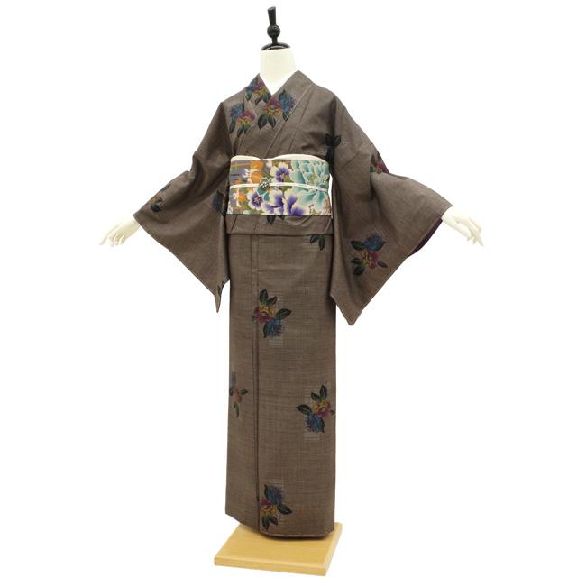 本場大島紬 着物 未使用 正絹 大島紬 泥染め 7マルキ こげ茶 椿 花 