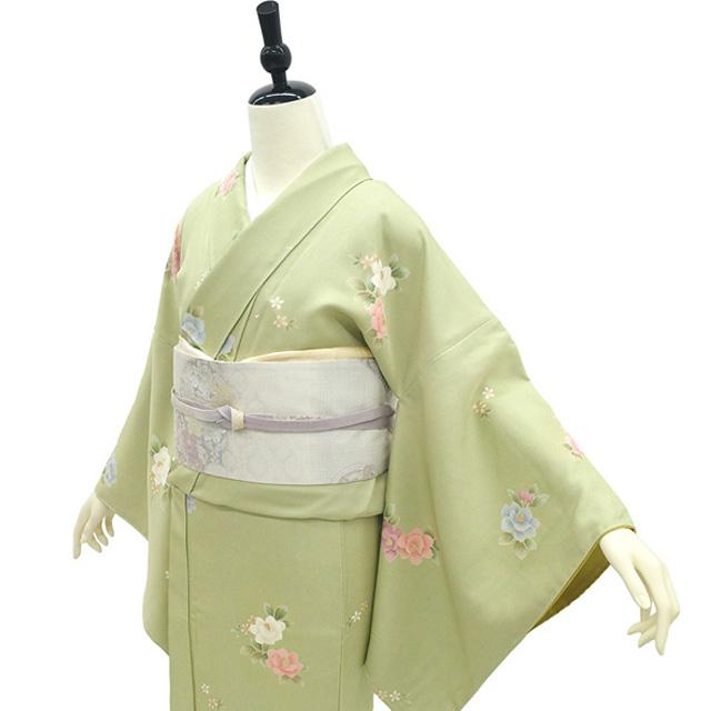 小紋 着物 未使用 正絹 袷 手染め 金彩加工 若苗色 黄緑 椿 桜