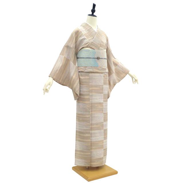 夏物 小紋 着物 リサイクル 絽 正絹 単衣 淡茶 ベージュ 白 草花 カジュアル 中古 仕立て上がり 身丈158 裄丈65 Ｍサイズ みやがわ sb17405_3