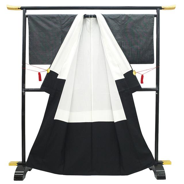 十日町 紬 訪問着 着物 未使用 正絹 袷 黒地 黒 グレー 草花 カジュアル 新古品 仕立て上がり 身丈168 裄丈66.5 Ｌサイズ みやがわ sb17429の画像