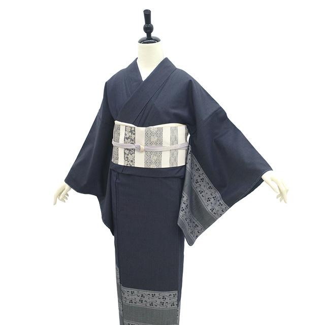 紬 訪問着 着物 未使用 十日町 縦節紬 正絹 袷 濃紺グレー カジュアル 