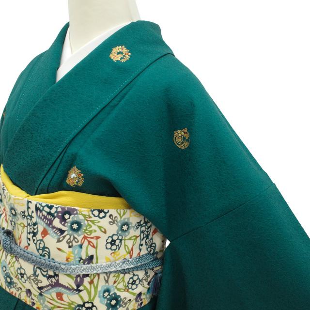小紋 着物 未使用 正絹 萌葱色地 濃い青緑 花丸文 菊 橘 萩 桔梗 椿 花 