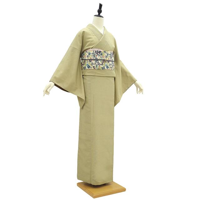 本塩沢 着物 未使用 正絹 袷 やまだ織 塩澤 塩沢 薄黄 ライトグレー