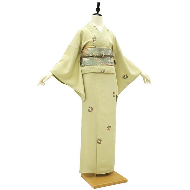 小紋 着物 袷 未使用 正絹 蒸栗色 黄緑 色紙文 菊 桜 梅 萩 染め 美品 