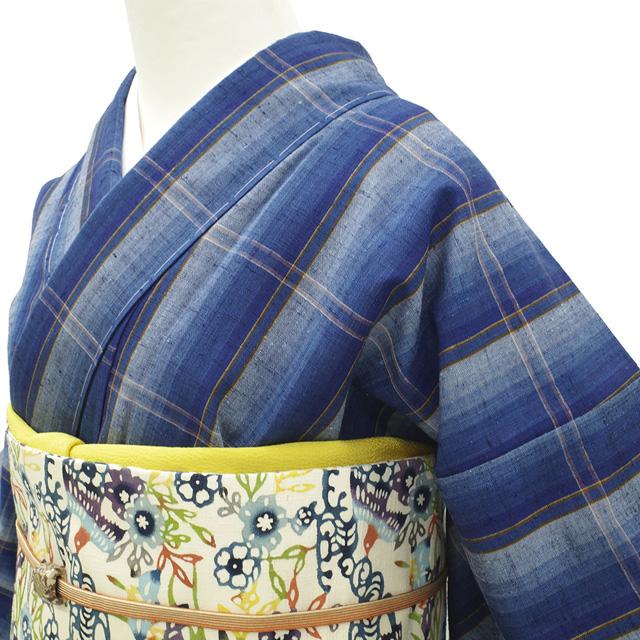 真綿紬 紬 袷 着物 未使用 正絹 藍色 格子 グラデーション 縞 手織 美 