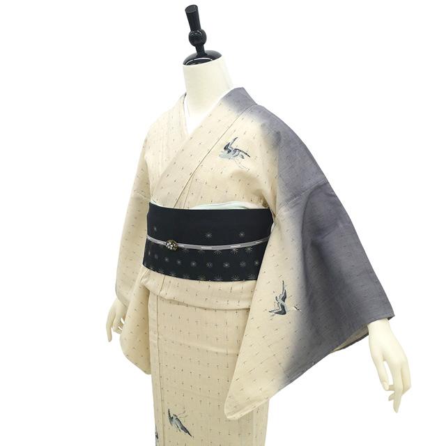 しょうざん 生紬 訪問着 単衣 着物 正絹 春 秋 薄ベージュ 濃グレー 鳥 