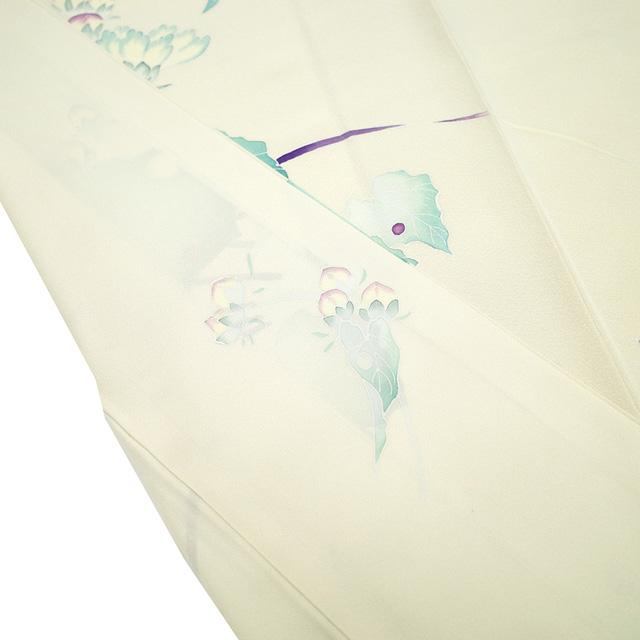 訪問着 手描き友禅 着物 未使用 フォーマル 正絹 袷 アイボリー 葉 草花 新古品 仕立て上がり 身丈166 裄丈67 Ｌサイズ みやがわ sb17509の画像