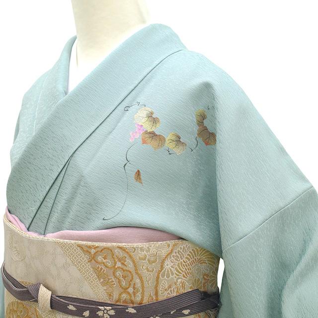 訪問着 着物 フォーマル 正絹 袷 金彩友禅 金彩加工 くすみ水色 葡萄 蔦 新古品 仕立て上がり 身丈168 裄丈68.5 Ｌサイズ みやがわ sb17510の画像