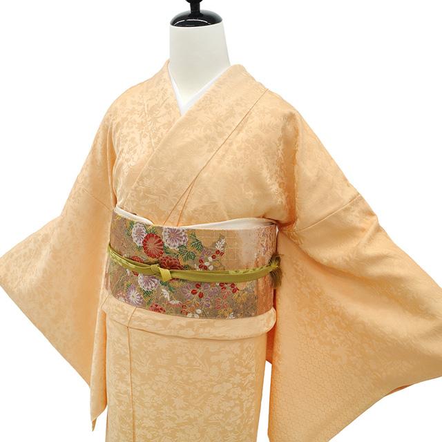 色無地 付下げ 着物 未使用 正絹 薄オレンジ 草花 丸文 セミフォーマル 