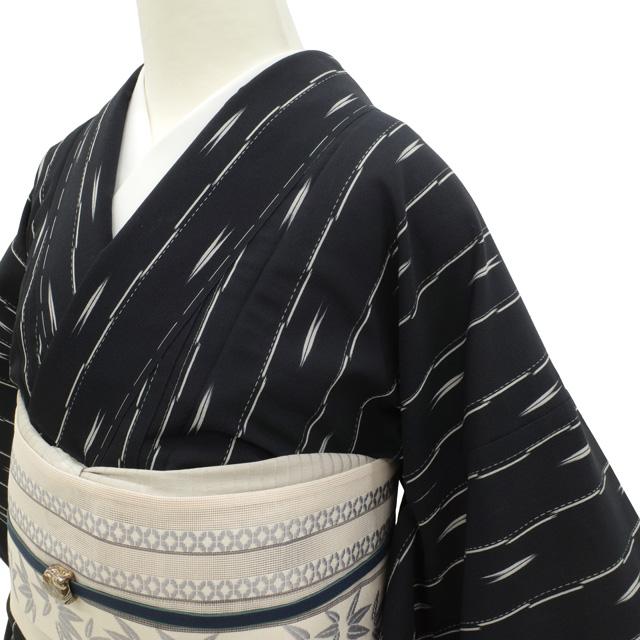夏物 明石ちぢみ 単衣 着物 未使用 正絹 黒 縞 矢羽根 カジュアル 新古