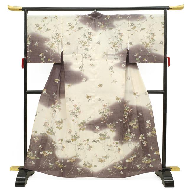 しょうざん生紬 訪問着 単衣 薄手 正絹 美品 裄65cmパールトーン済 しょうざん 生紬 訪問着 単衣 着物 正絹 春 秋 手染め 白 紫 桐 橘 桜