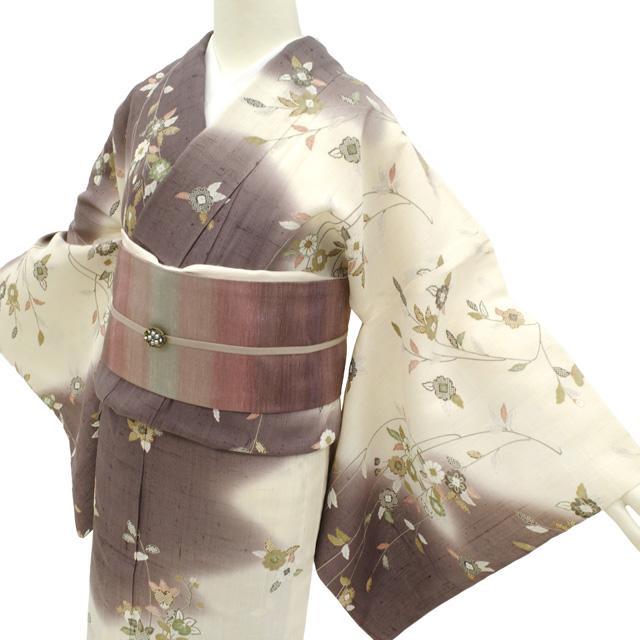 しょうざん 生紬 訪問着 単衣 着物 正絹 春 秋 手染め 白 紫 桐 橘 桜