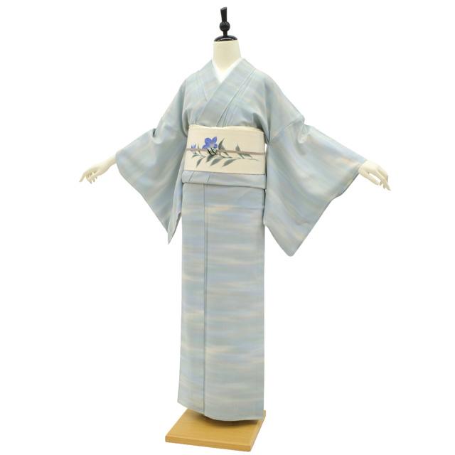 夏物 小紋 着物 未使用 絽 正絹 単衣 染め柄 水色 霞ぼかし カジュアル