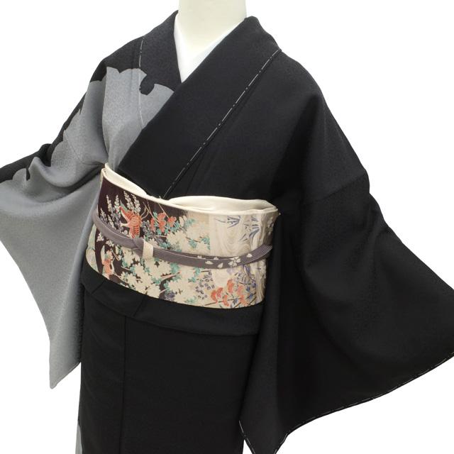 訪問着 着物 未使用 正絹 手染め 黒 グレー 雪輪 染め分け カジュアル 