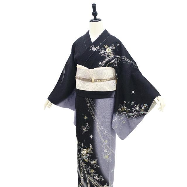 訪問着 未使用 フォーマル 着物 正絹 袷 銀彩加工 ラメ 黒 新古品 
