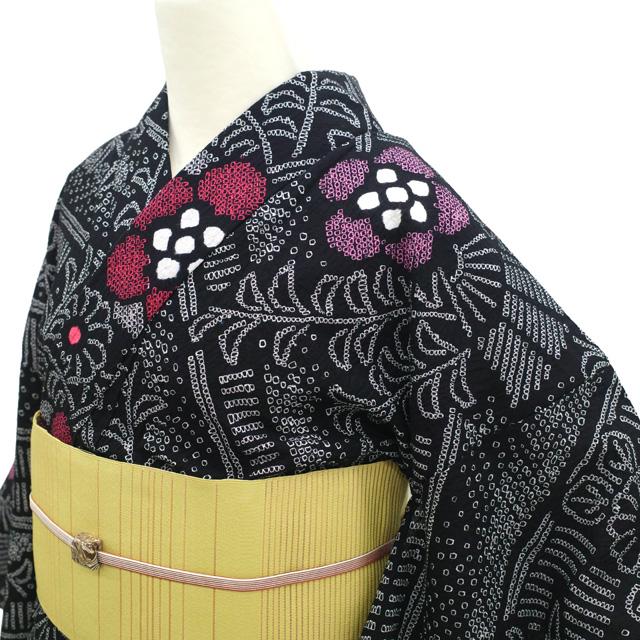 有松 浴衣 本場有松鳴海絞り 夏物 リサイクル ゆかた 絞り 木綿 綿 黒