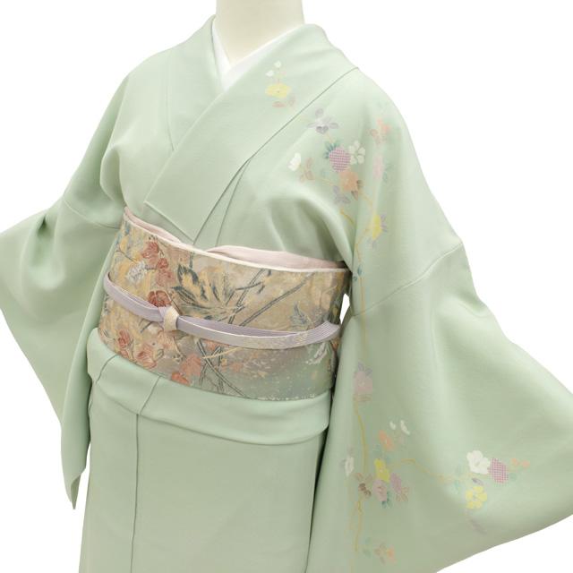 訪問着 着物 未使用 正絹 袷 手描き友禅 作家物 薄緑地 ぼかし 四季の 