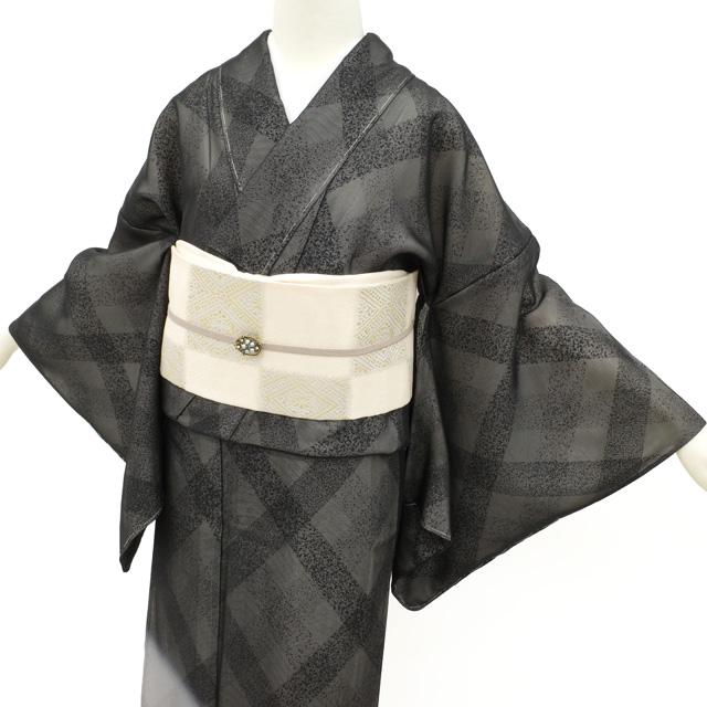 訪問着 紗袷 紗 × 絽 正絹 着物 濃グレー ぼかし 斜め格子 カジュアル
