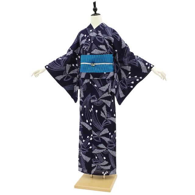 有松 浴衣 本場有松鳴海絞り 夏物 未使用 絞り 木綿 濃紺地 花柄 れ