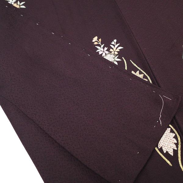 訪問着 着物 手刺繍 フォーマル 未使用 正絹 袷 金糸 バーガンディ 茶