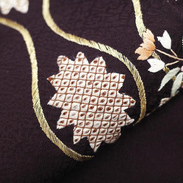 訪問着 着物 手刺繍 フォーマル 未使用 正絹 袷 金糸 バーガンディ 茶