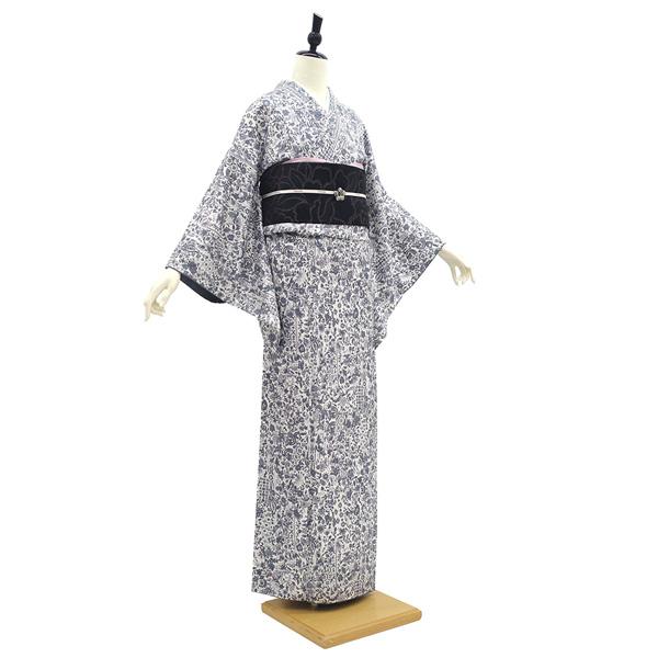 小紋 着物 未使用 正絹 袷 白 グレー 淡紫 花更紗 ペイズリー