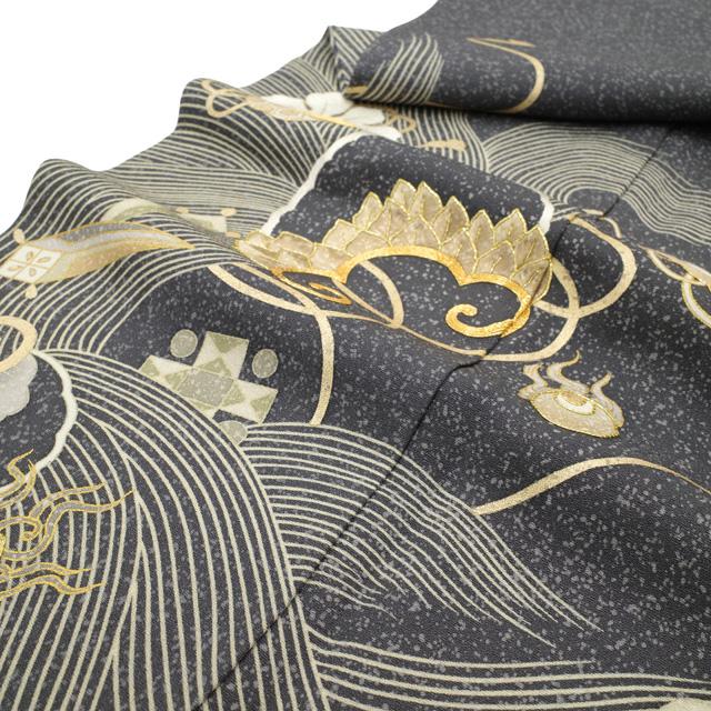 訪問着 着物 フォーマル 手描き友禅 正絹 手刺繍 グレー地 宝尽くし 波
