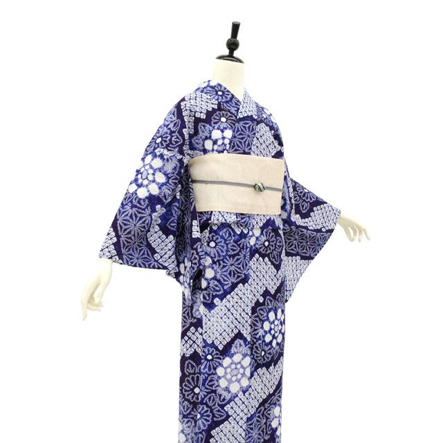 有松 浴衣 本場有松鳴海絞り 夏物 未使用 ゆかた 木綿 濃紫 花 麻の葉